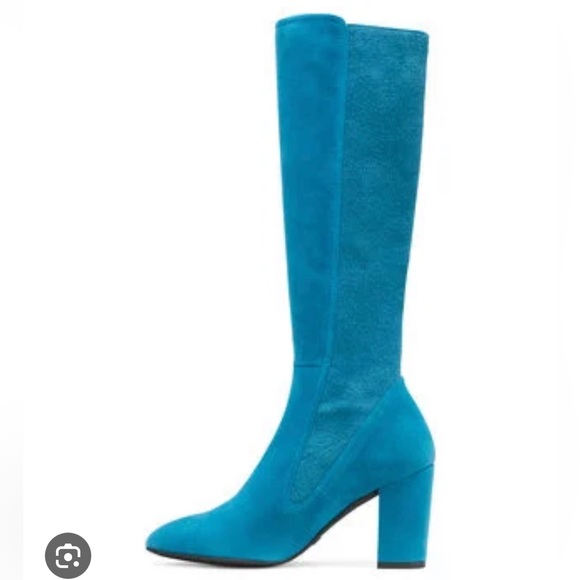 Stuart Weitzman Livia Peacock Teal Suede Blue Block Heel Tall Designer Boots 7 - Picture 1 of 6